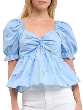English Factory Peplum Top - Size XS - Light Blue Floral Embroidered Puff-Sleeve